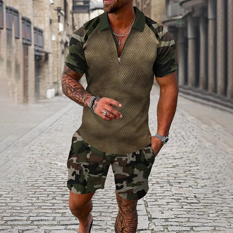 Men's Camouflage Sleeve Polo Shirt And Shorts Co-Ord