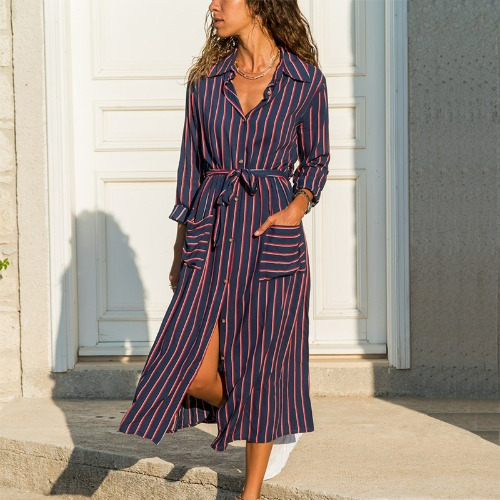 Sam - Striped tie-waist button dress