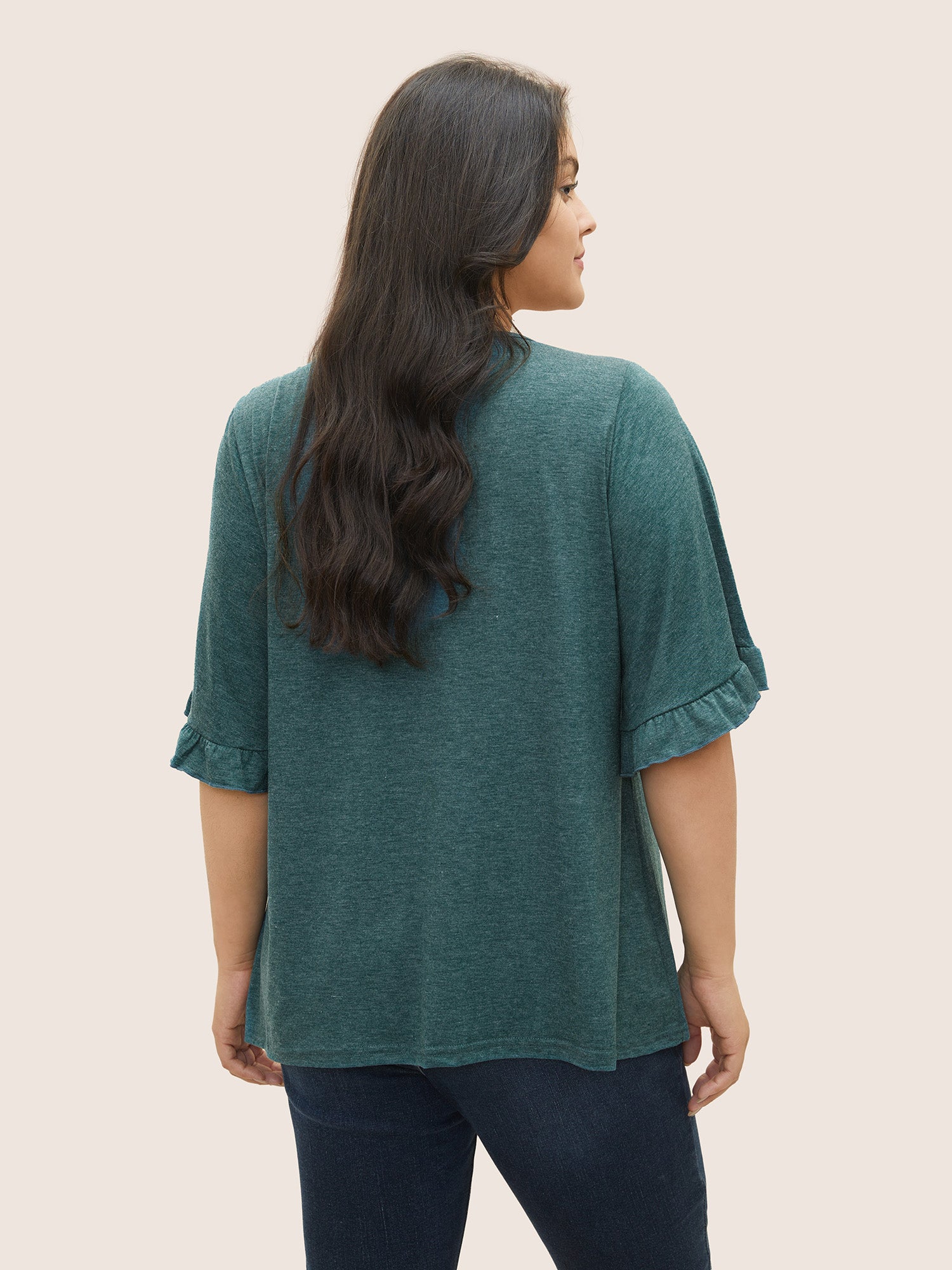 Solid Gathered Ruffle Trim Flounce Sleeve T-shirt