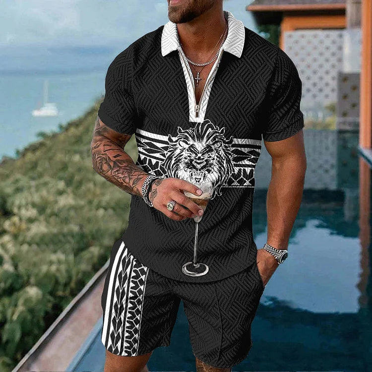 Men's Lion Stripe Print Sleeve Polo Shirt And Shorts Co-Ord