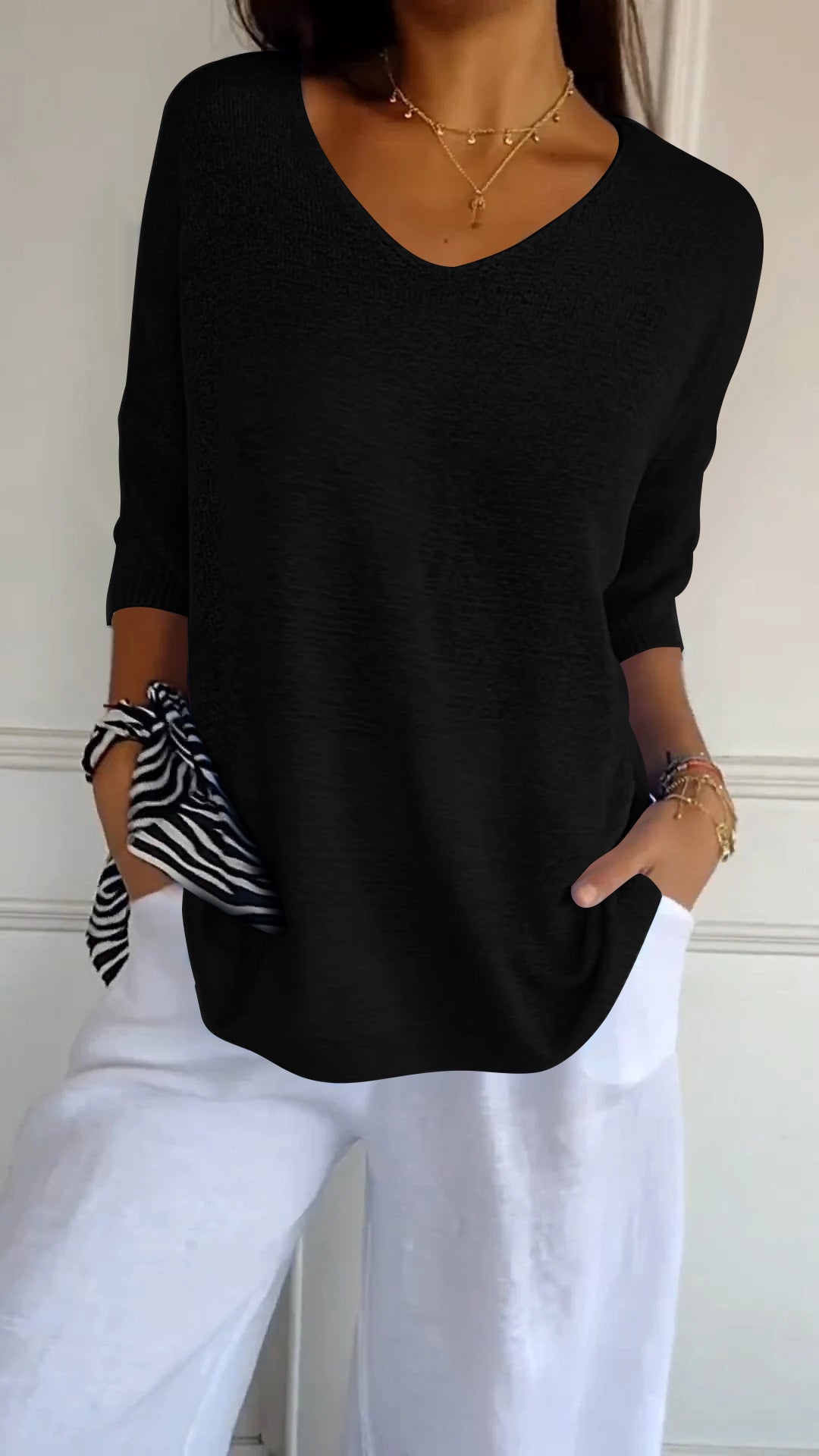 Solene™ plain knit sweater with V-neckline