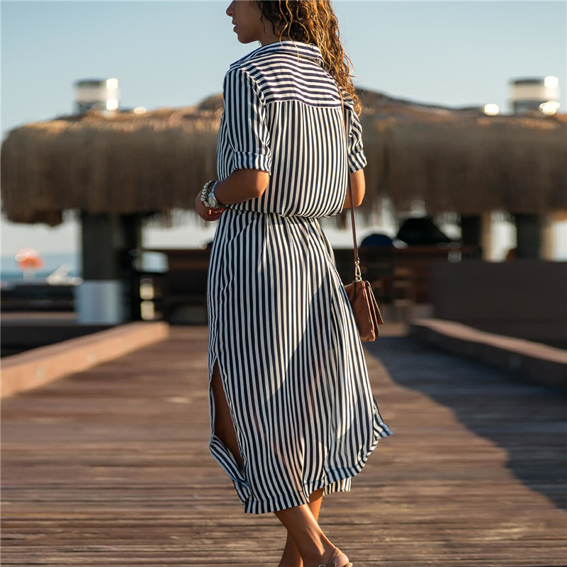 Sam - Striped tie-waist button dress