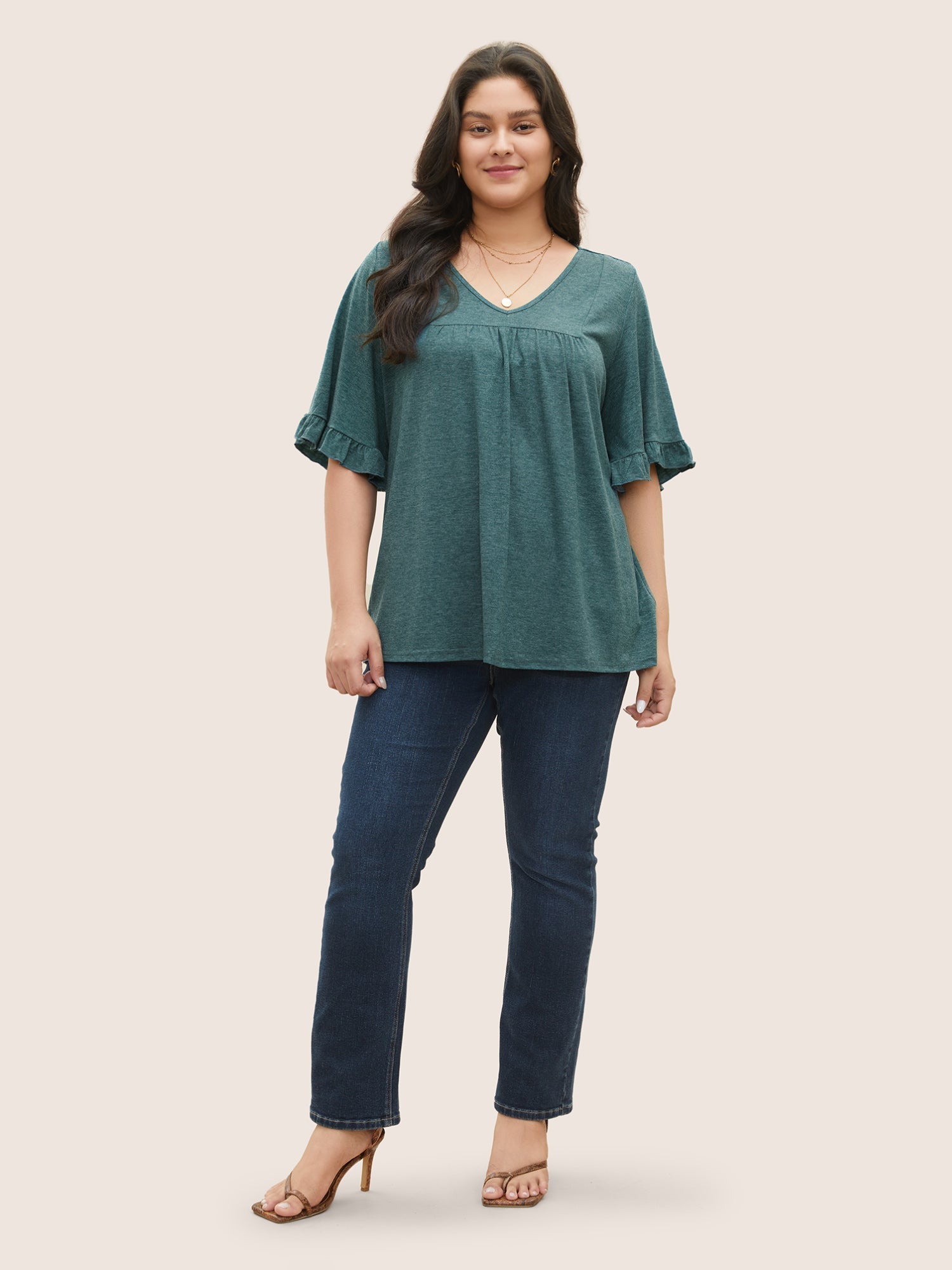 Solid Gathered Ruffle Trim Flounce Sleeve T-shirt