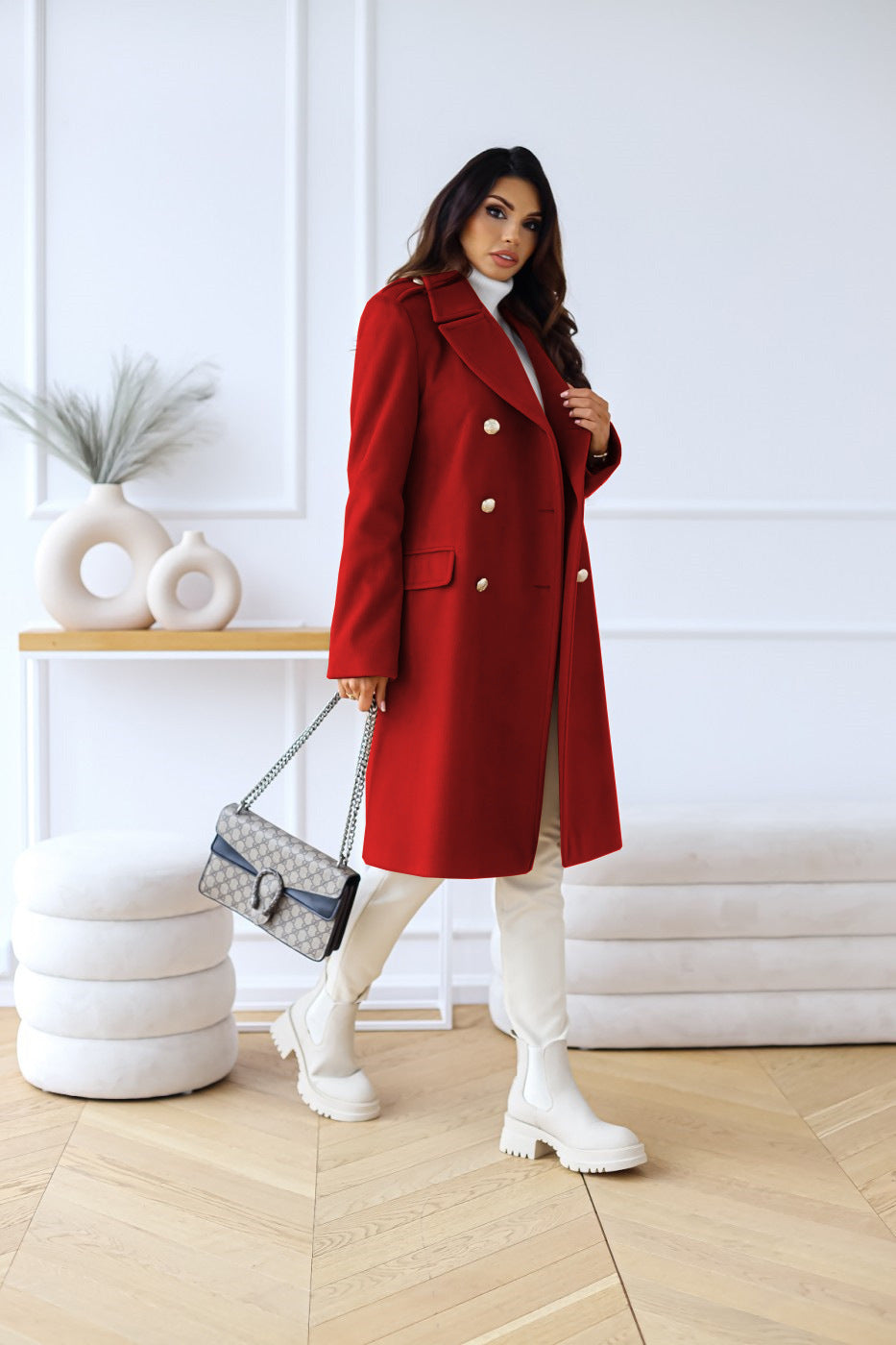 Double-breasted mid-length coat for women
