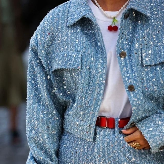 Stella - Sequinned denim jacket and shorts set