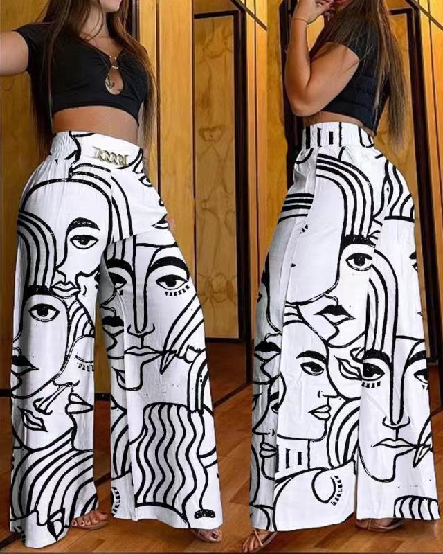 Trousers With Wide Legs and Abstract Figure Print