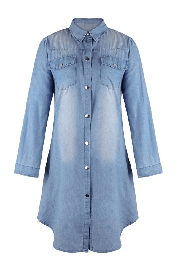 Women's Denim Shirt Dress - Knee-Length - Long Sleeve - Button-Down with Chest Pockets