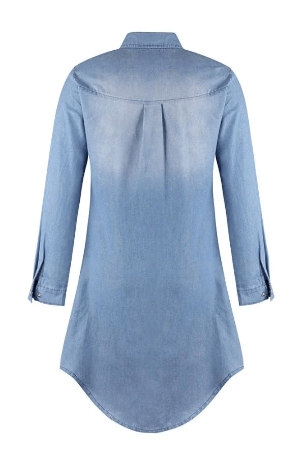 Women's Denim Shirt Dress - Knee-Length - Long Sleeve - Button-Down with Chest Pockets