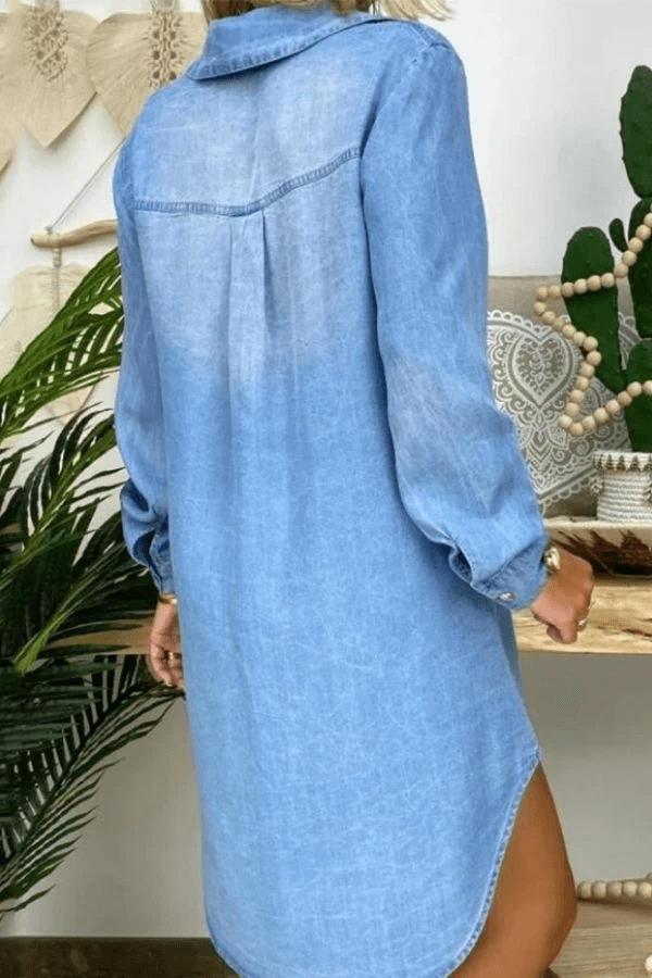 Women's Denim Shirt Dress - Knee-Length - Long Sleeve - Button-Down with Chest Pockets