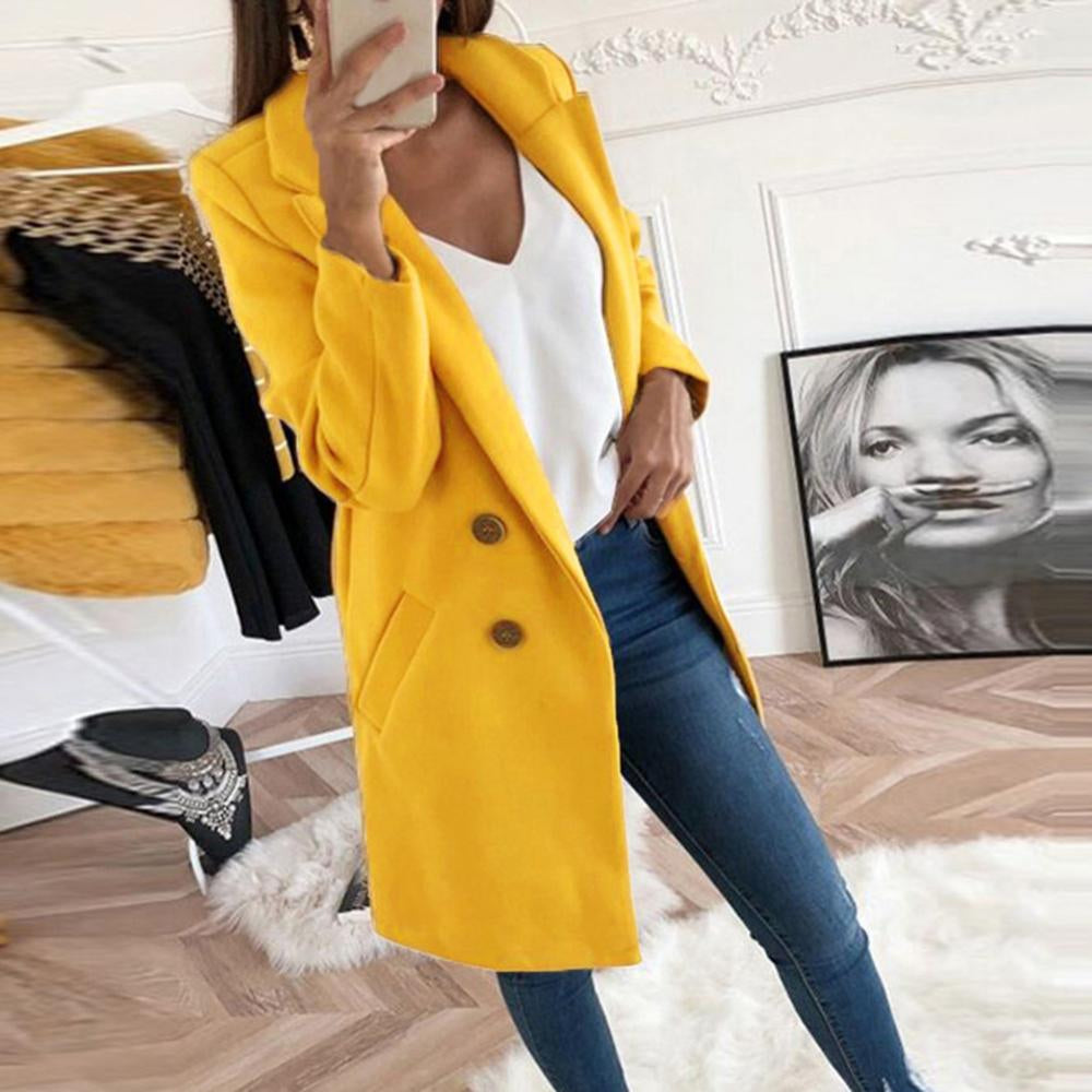 Women's Tailored Coat - Wool Blend - Notch Lapel - Mid Length - Button Closure
