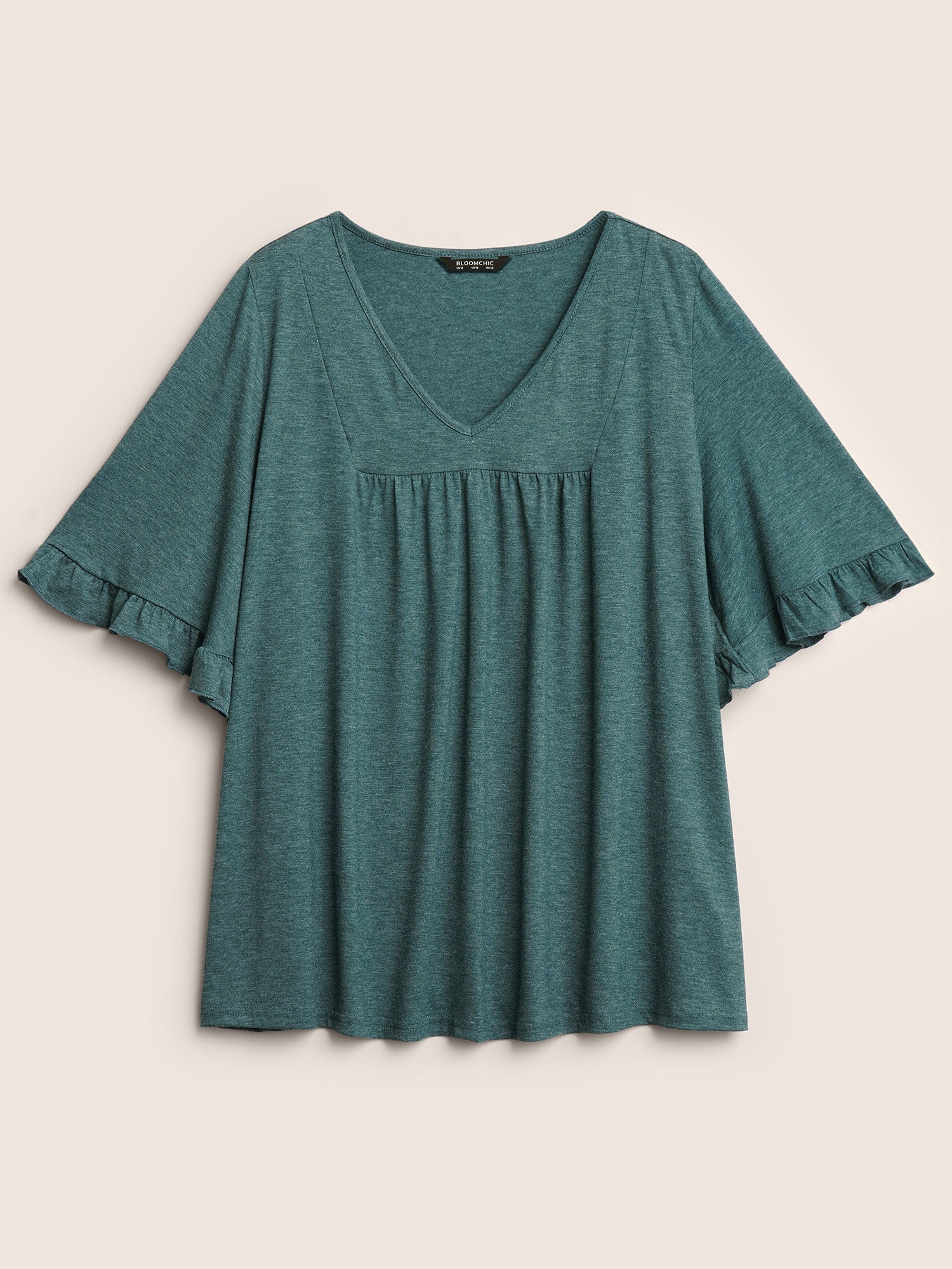 Solid Gathered Ruffle Trim Flounce Sleeve T-shirt