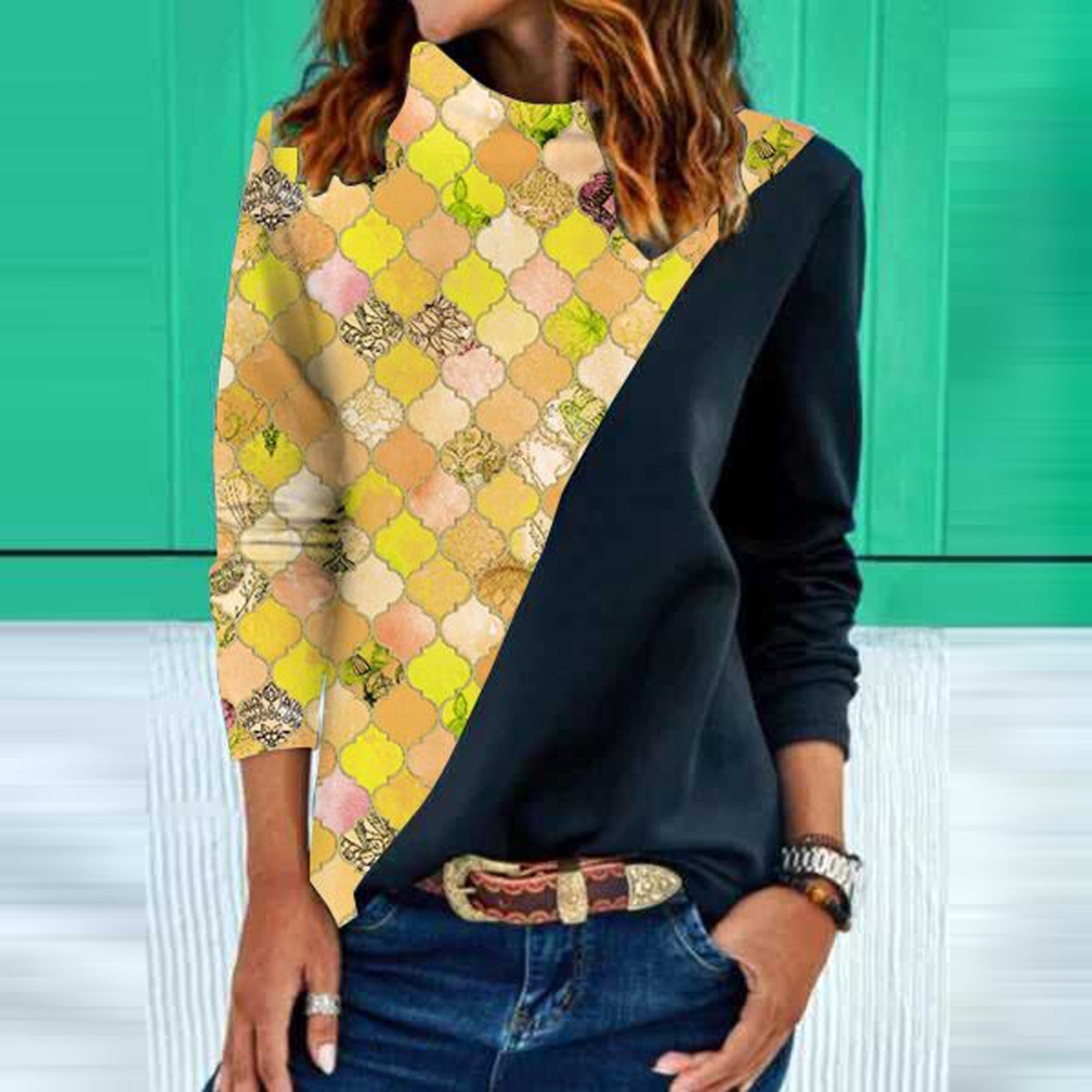 Women's Geometric Design long sleeve blouse with rounded collar