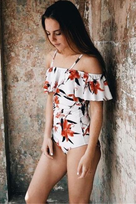 White Floral Print Off Shoulder Ruffle Straps Cute One Piece Swimsuit