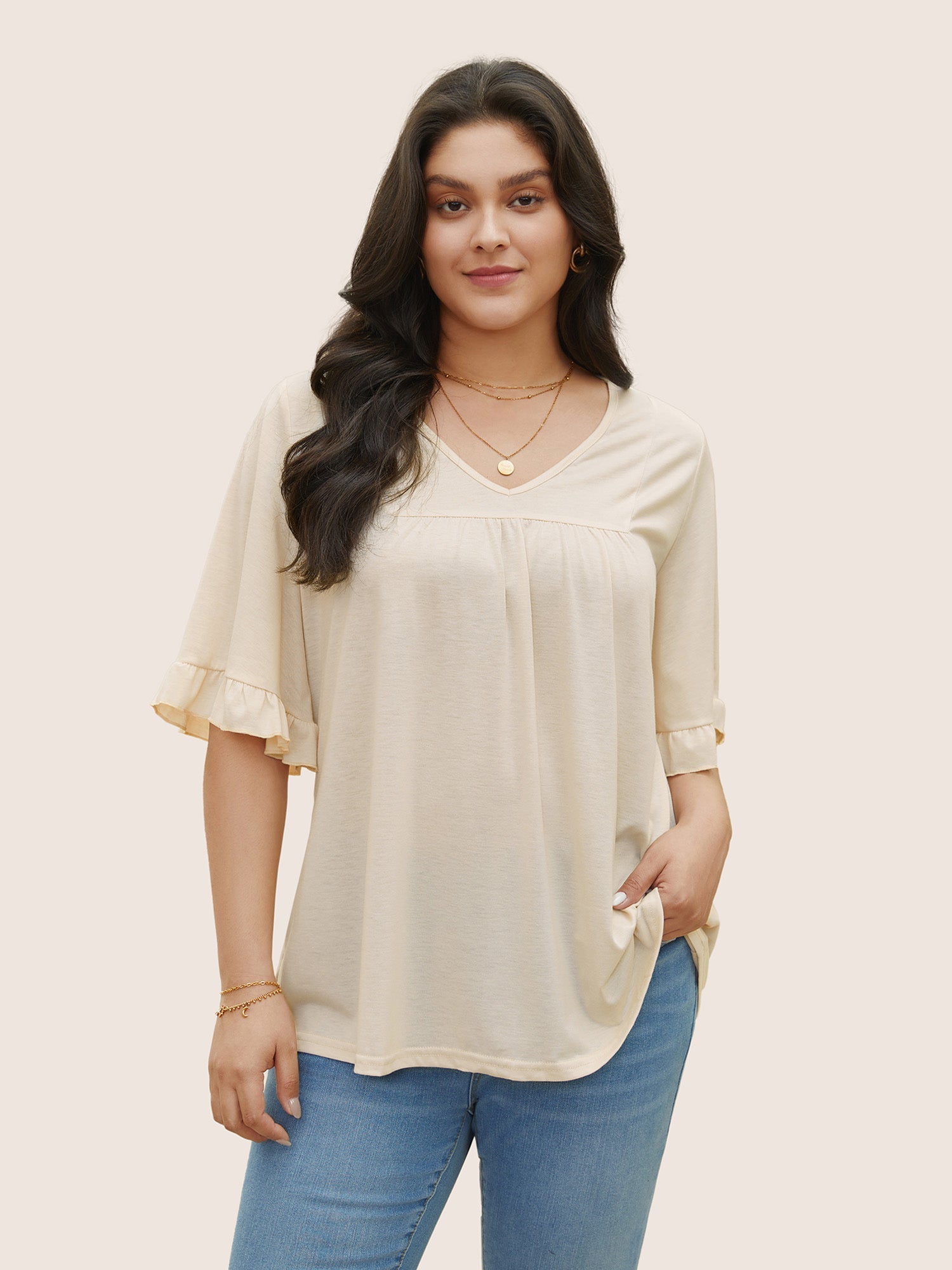 Solid Gathered Ruffle Trim Flounce Sleeve T-shirt