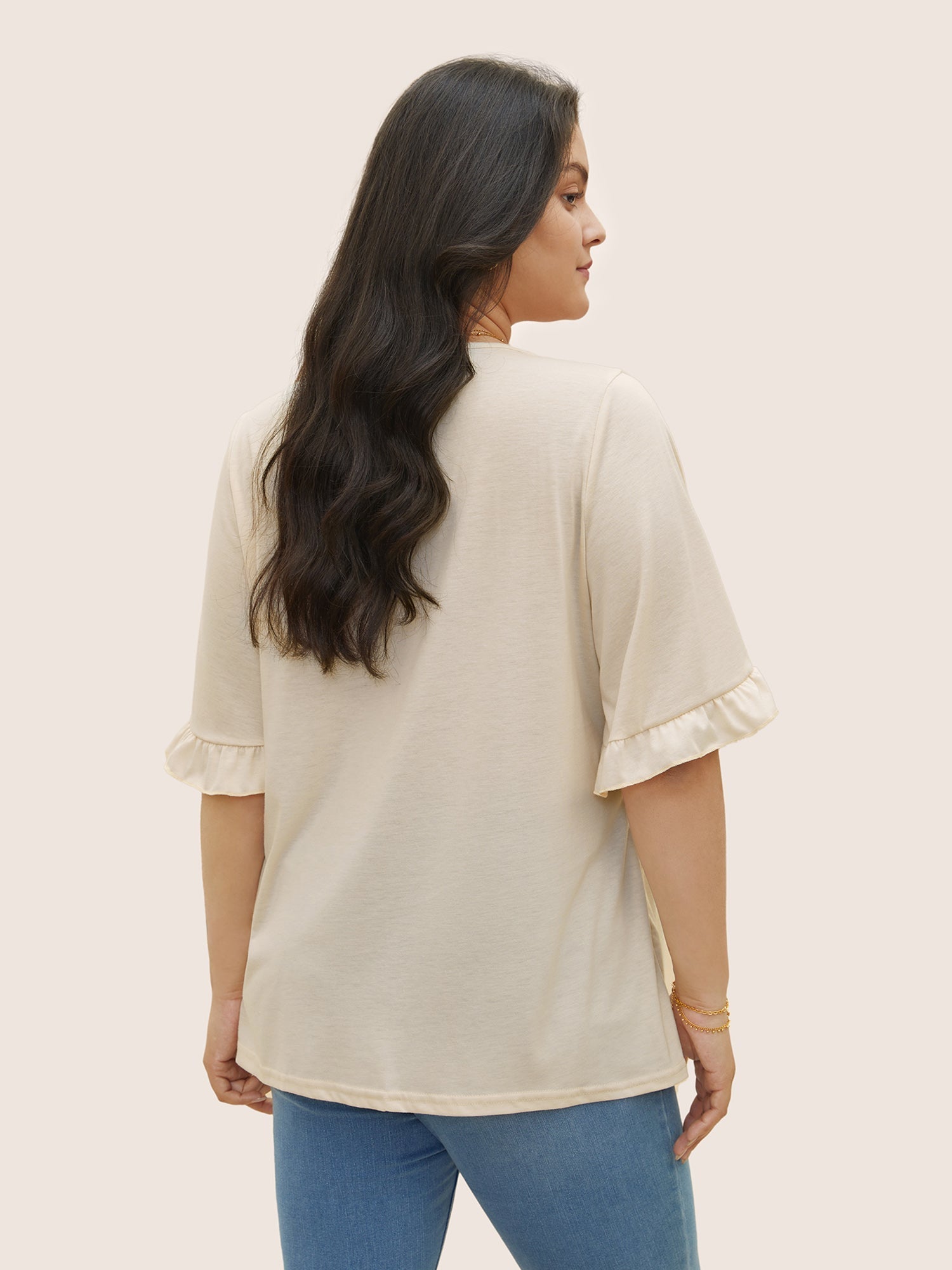 Solid Gathered Ruffle Trim Flounce Sleeve T-shirt