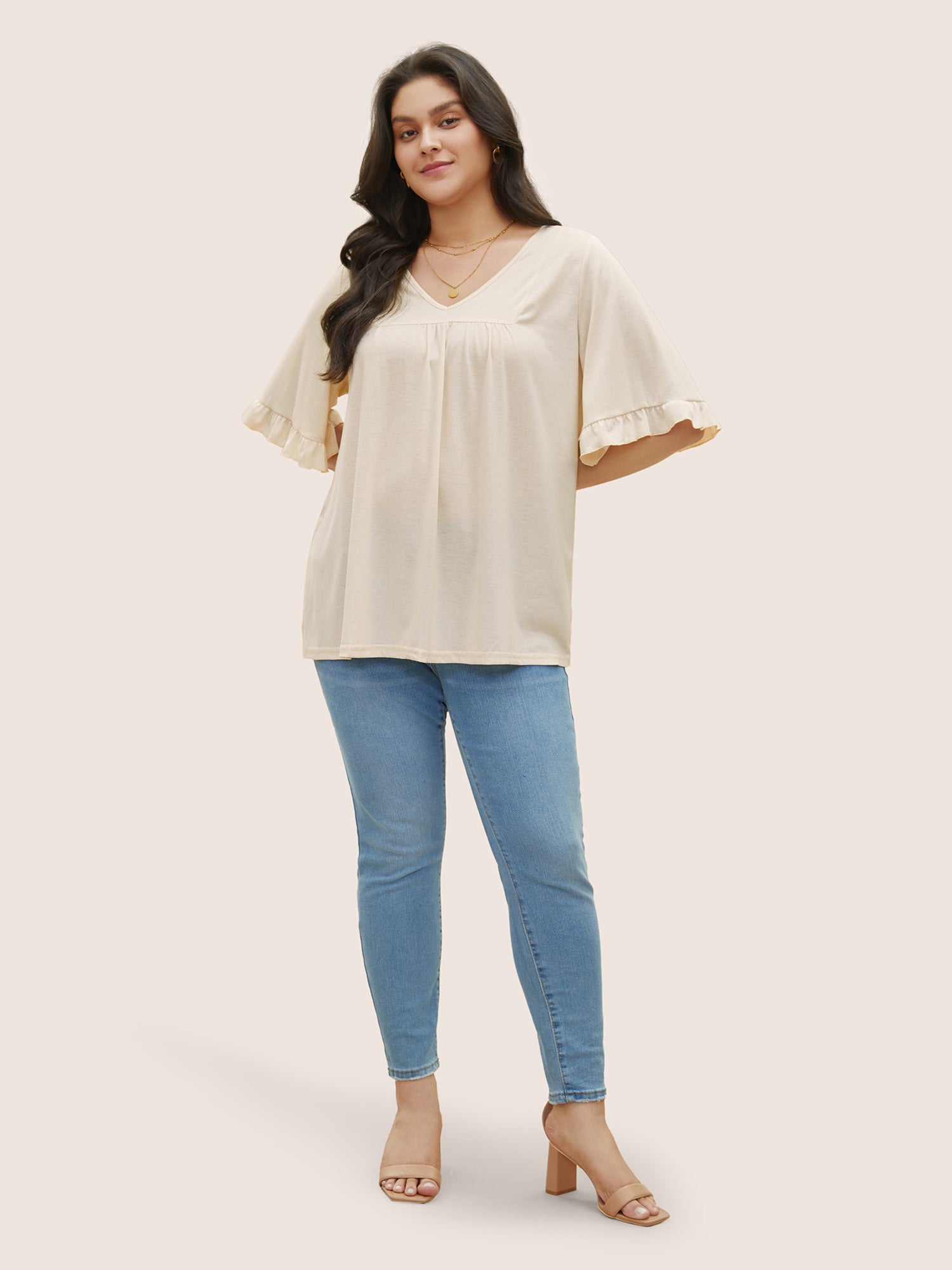 Solid Gathered Ruffle Trim Flounce Sleeve T-shirt