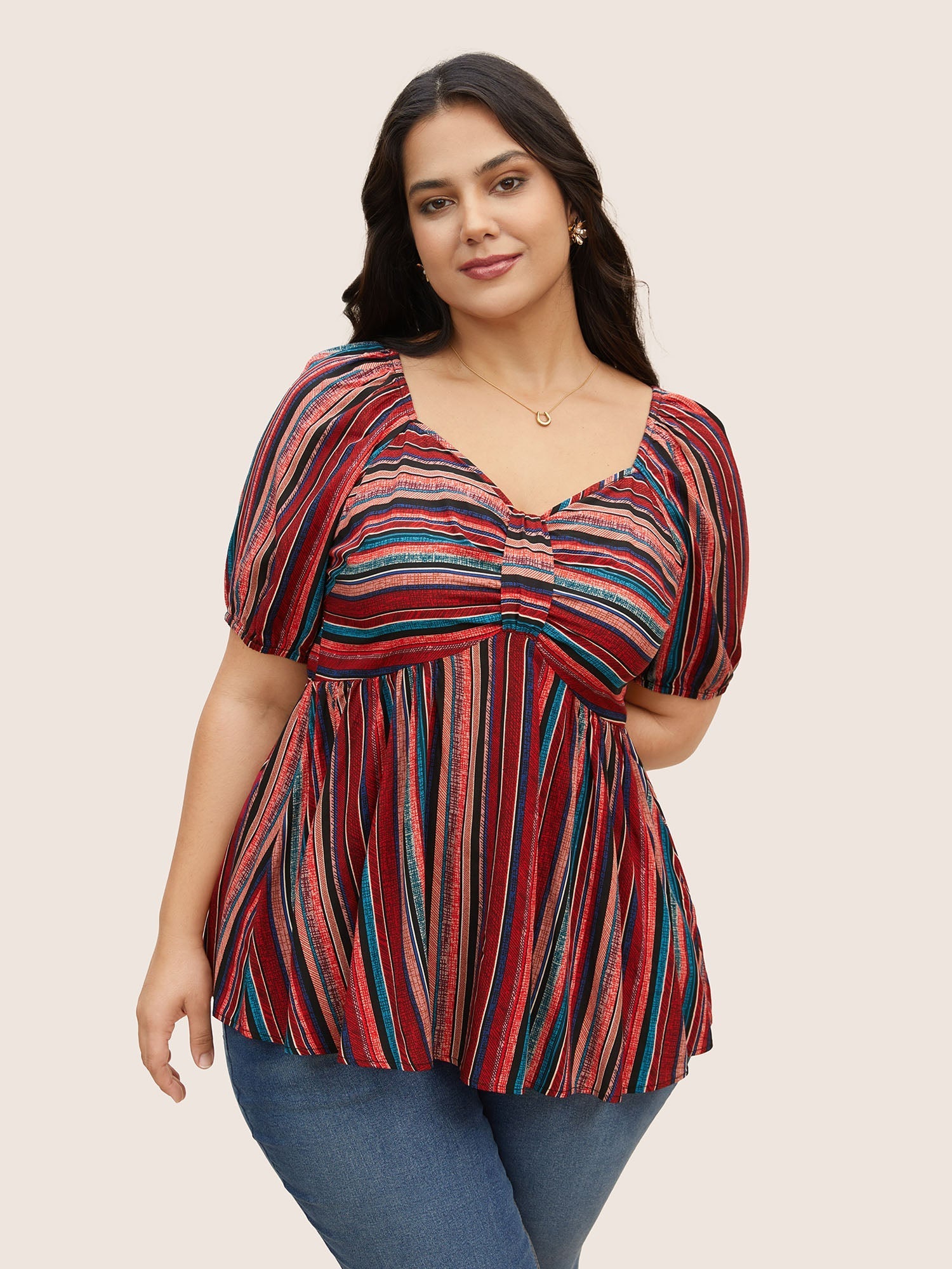 Striped Heart Neckline Lantern Sleeve Blouse