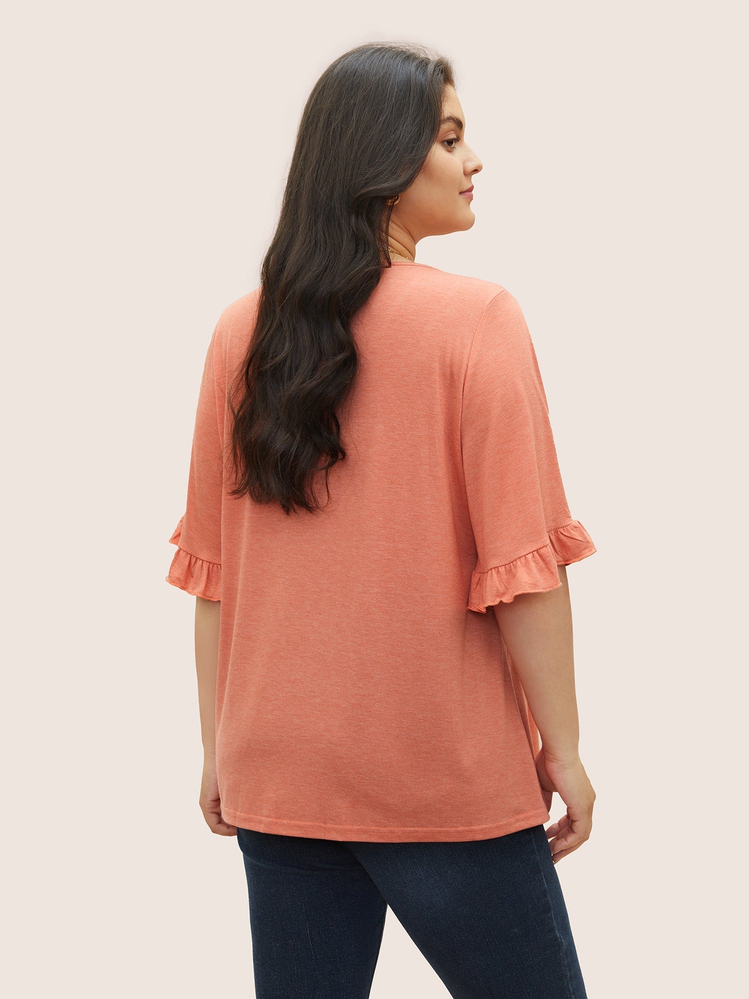 Solid Gathered Ruffle Trim Flounce Sleeve T-shirt