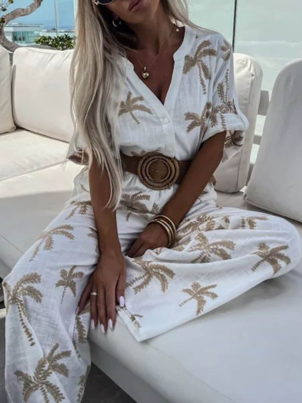 Unique Gold Palm Tree Print Loose Shirt