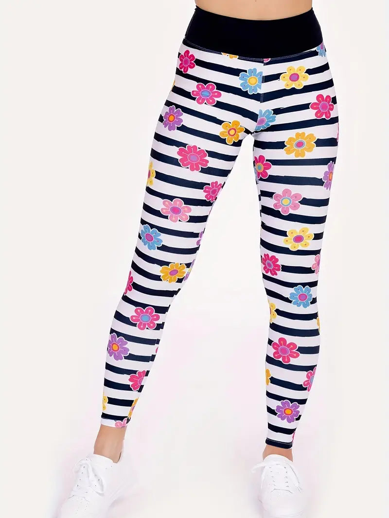 Striped Yoga Legging With Floral Print Seamless Legging