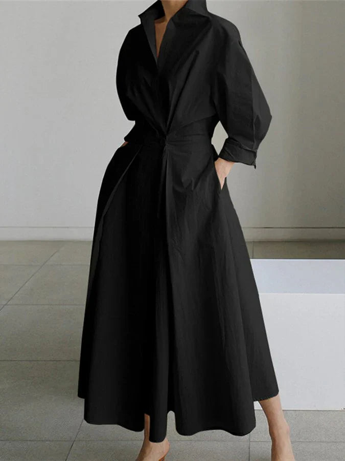 Maxi dress - for women with lapel buttons and long sleeves