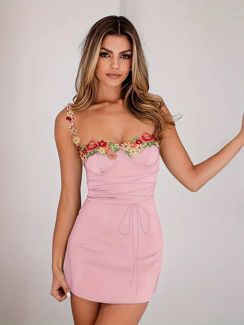 Bodycon Cami Dress With Floral Appliqué and Zip Fastening