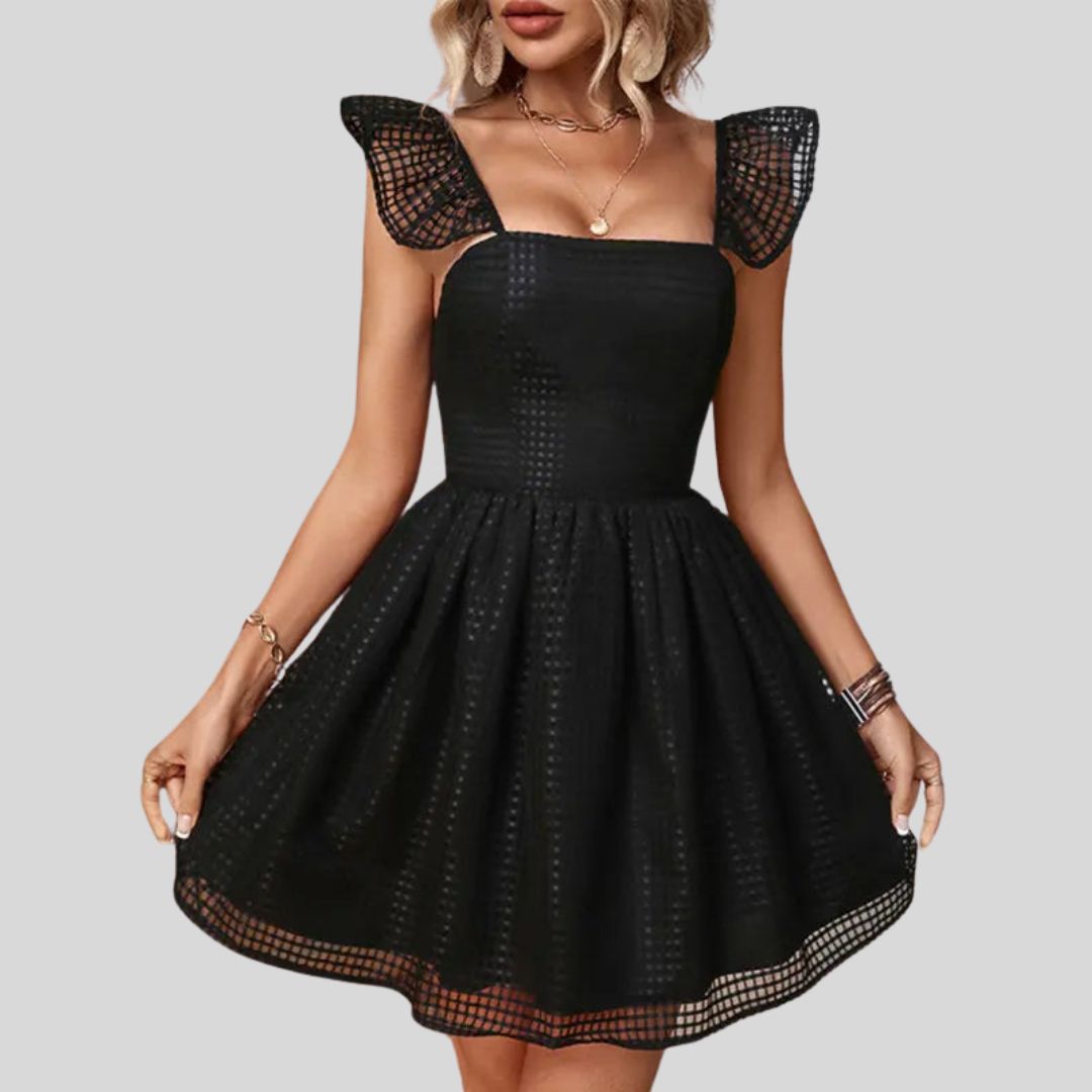 Zoe - Structured skater dress with mesh puff sleeves