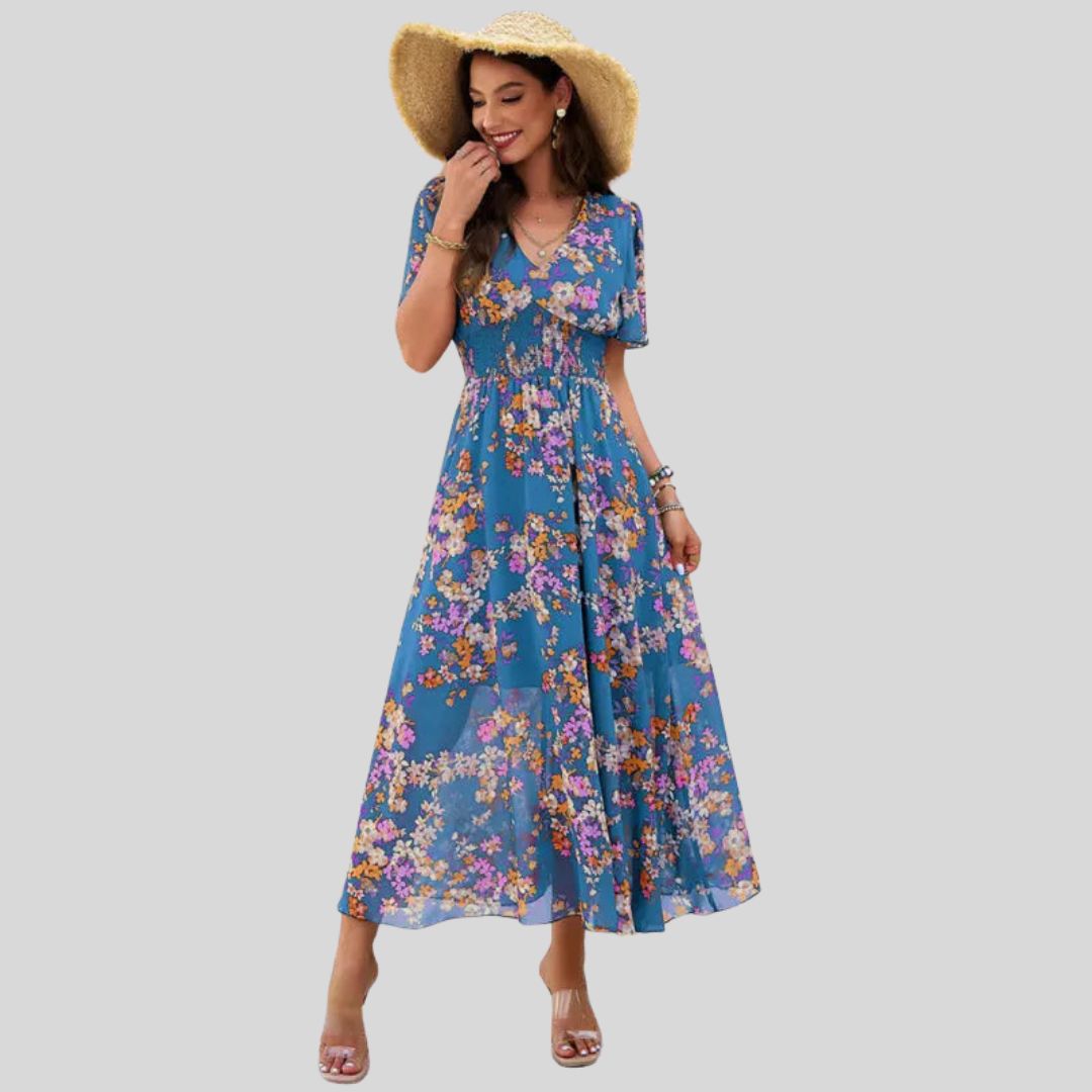 Isabella - Floral V-neck midi dress with short sleeves