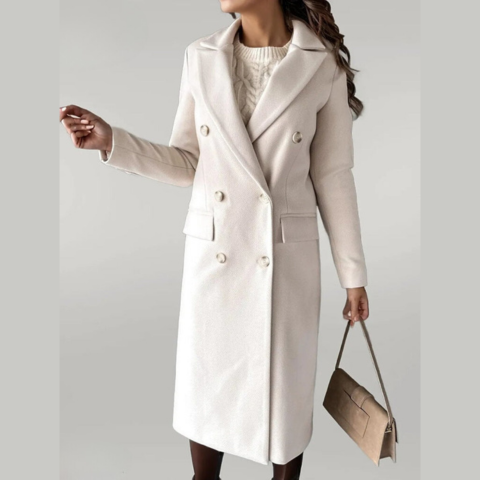Women's Long Wool-Blend Coat - Double-Breasted - Tailored Fit - Notched Lapels