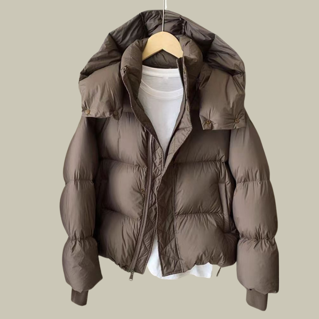 Warm hooded short puffer jacket for women