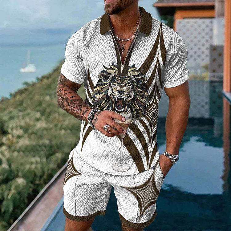 Lion Print Short Sleeve Polo Shirt And Shorts Co-Ord