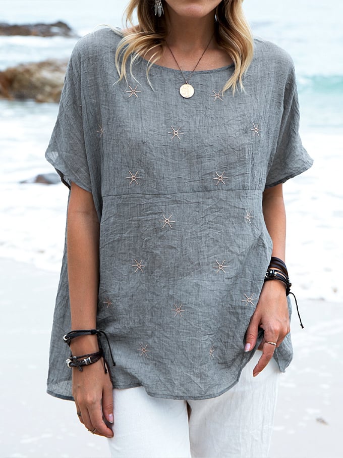 Women's Round Neck Cotton And Linen Casual Loose Tops