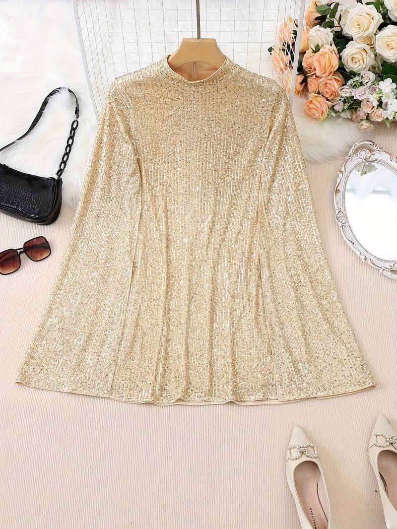 Yelena - Gold-coloured sequin dress with stand-up collar