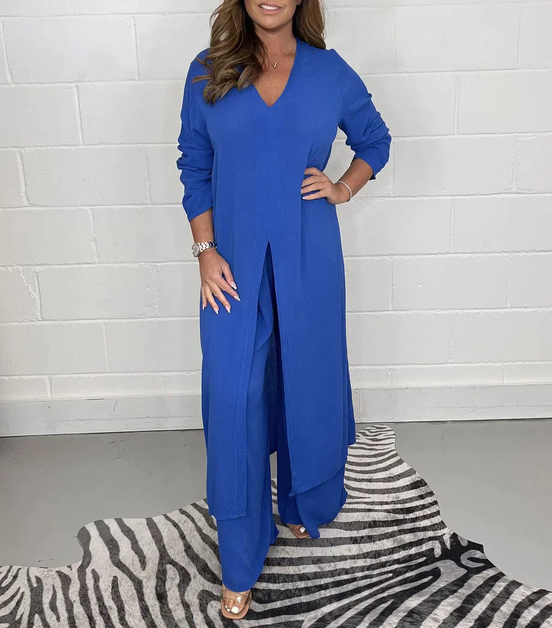 Casual 2-piece women's set: long top and matching trousers - flattering, versatile and comfortable