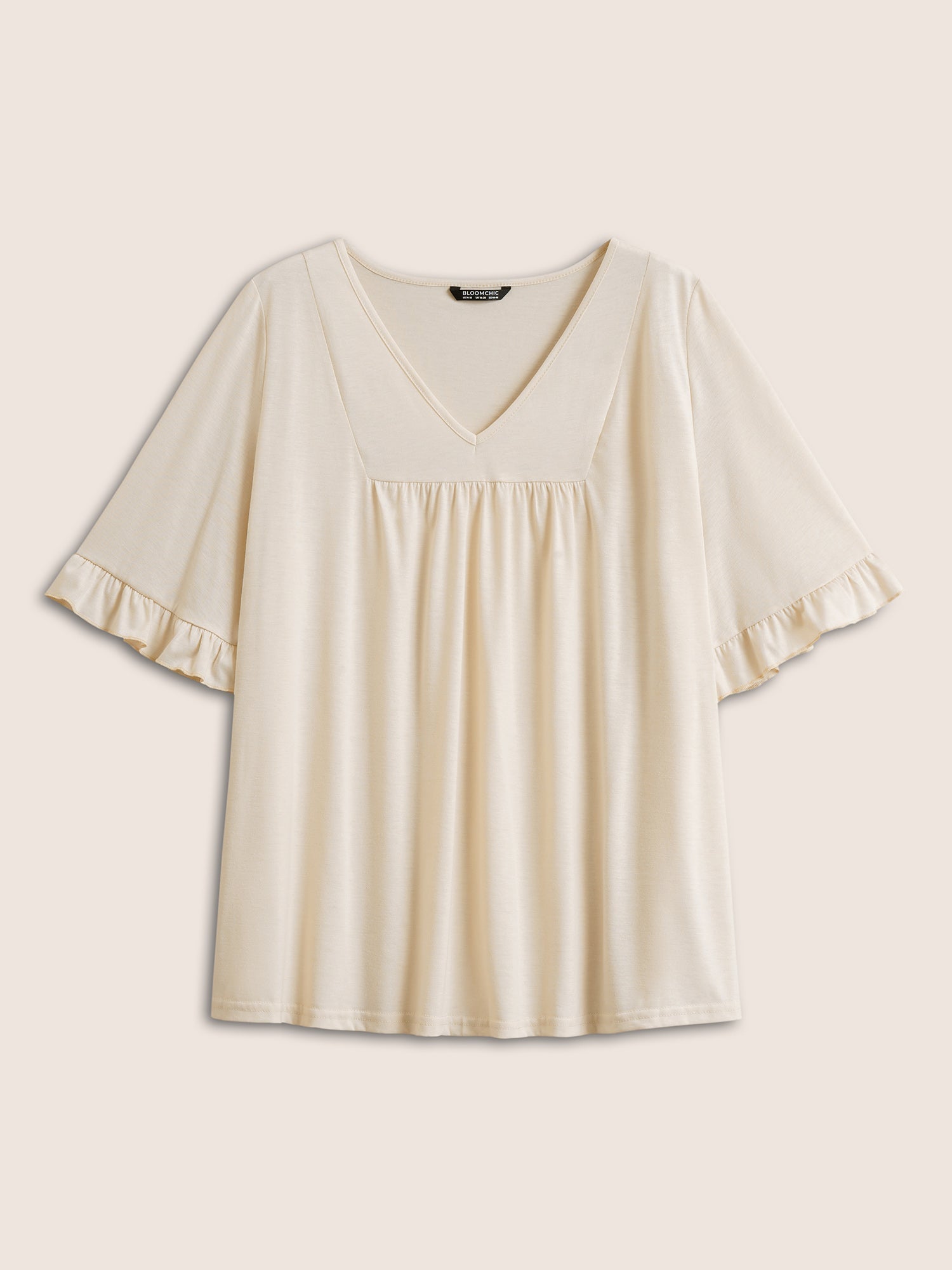 Solid Gathered Ruffle Trim Flounce Sleeve T-shirt