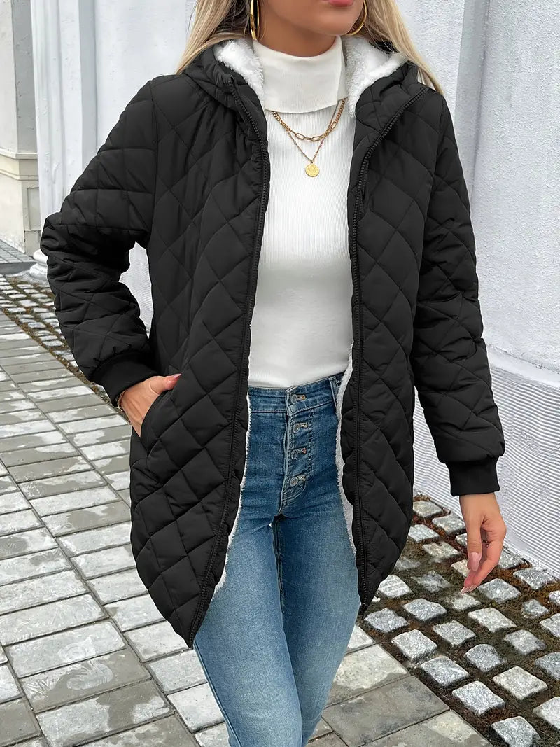 Women's Quilted Jacket - Hooded Longline Coat - Warm Insulated Outerwear