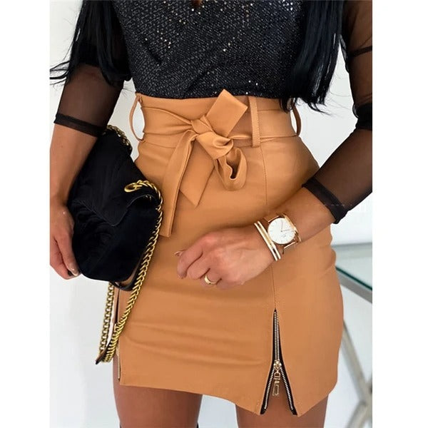 Chic fashion high waisted leather skirt