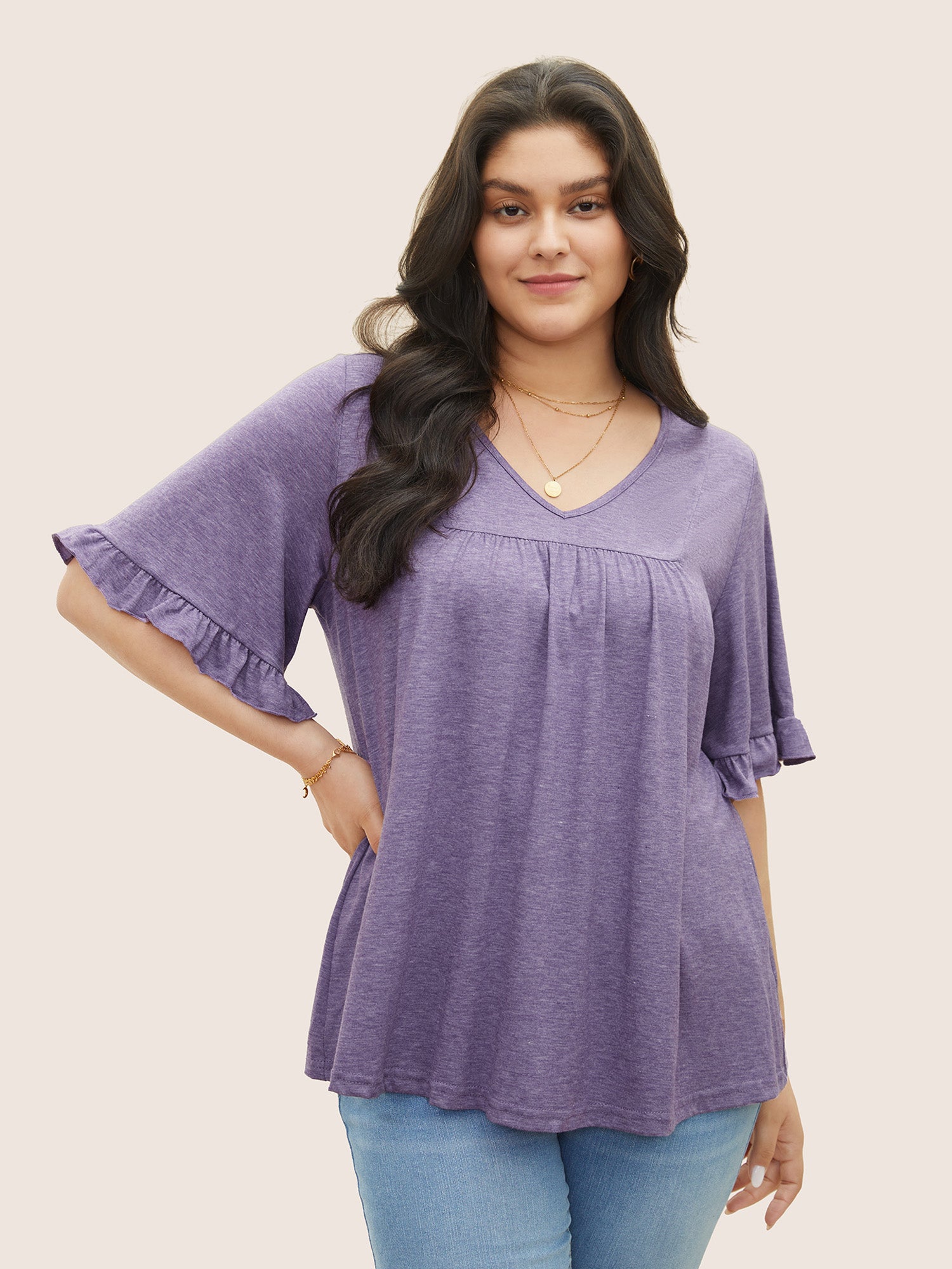 Solid Gathered Ruffle Trim Flounce Sleeve T-shirt