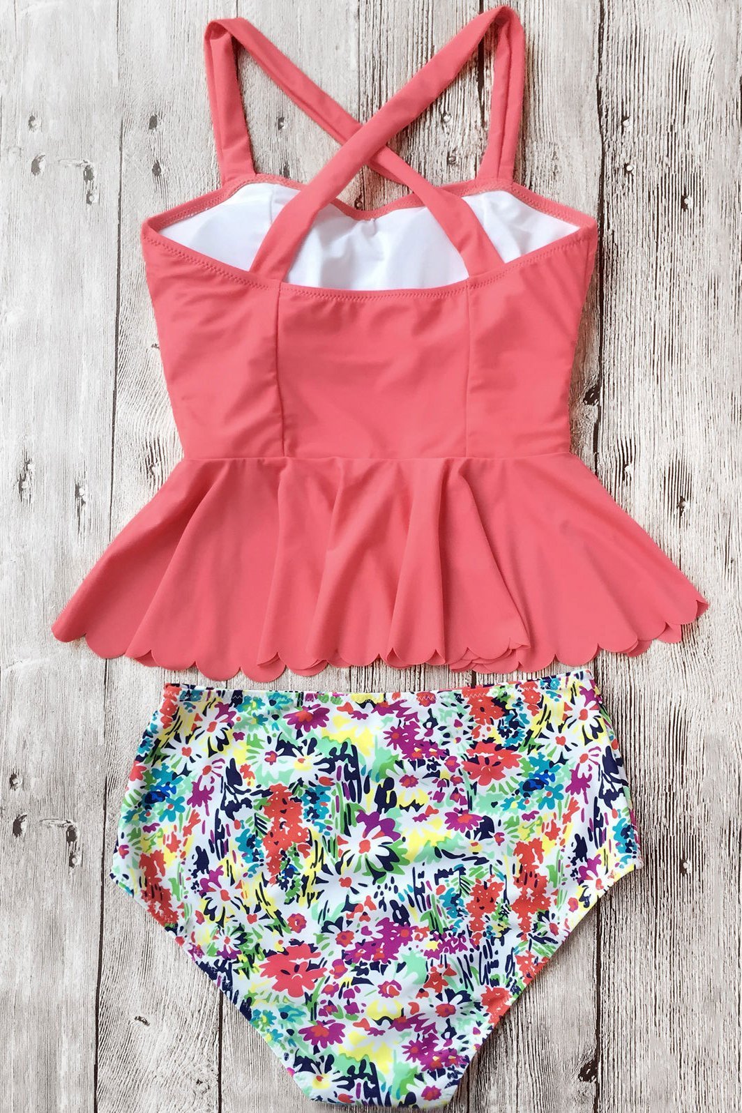 Watermelon Dasiy Print Scalloped Hem High Waisted Peplum Cute Tankini Swimsuit