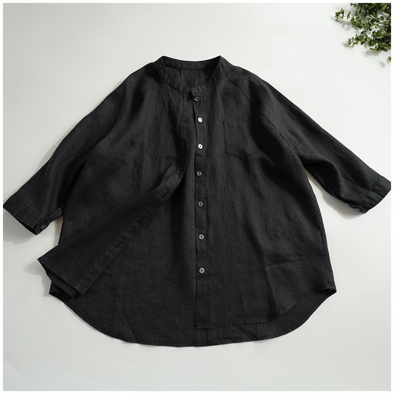 Stand collar 3/4 sleeve cotton linen shirt