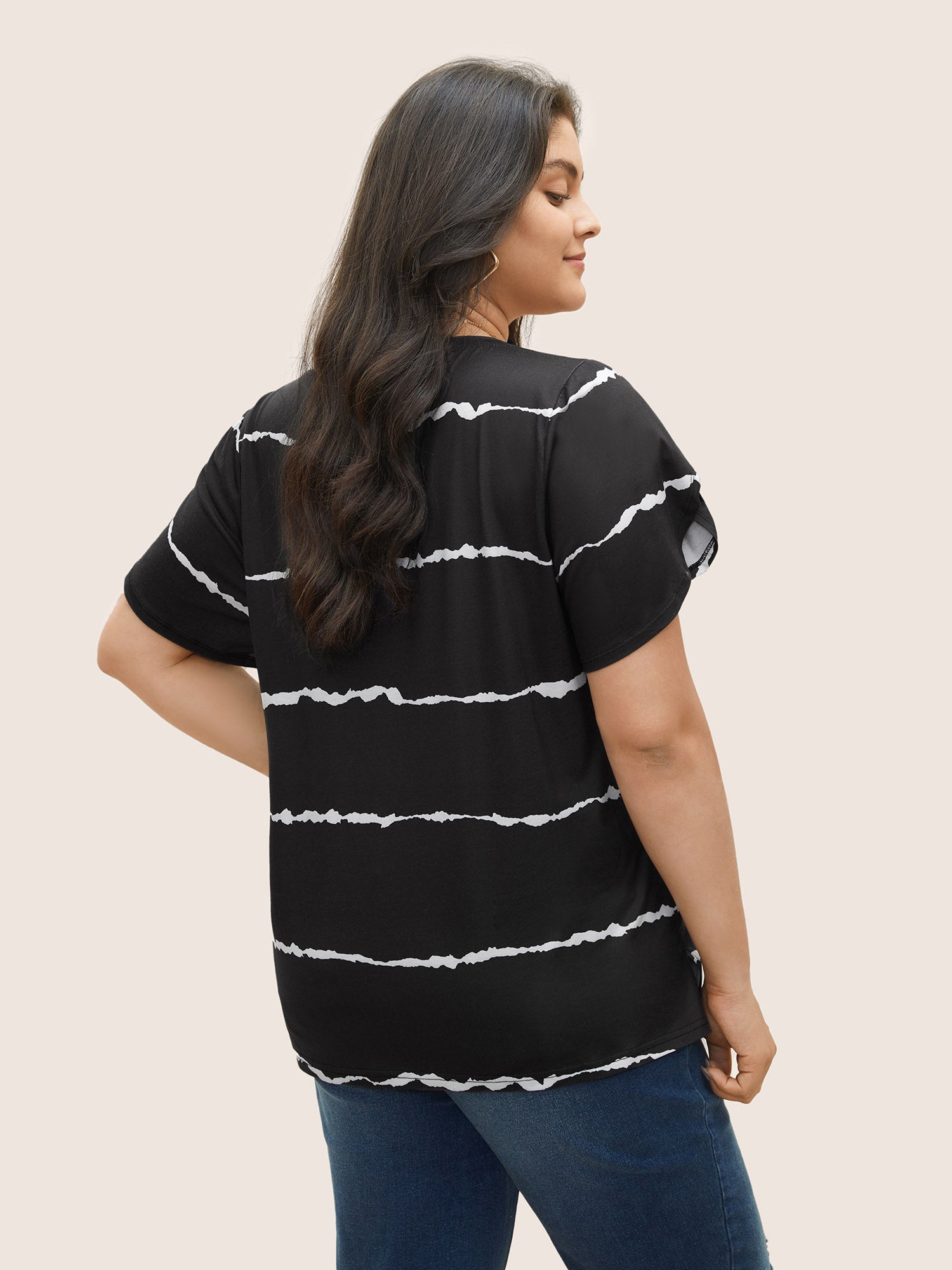 Striped Contrast Petal Sleeve T-shirt