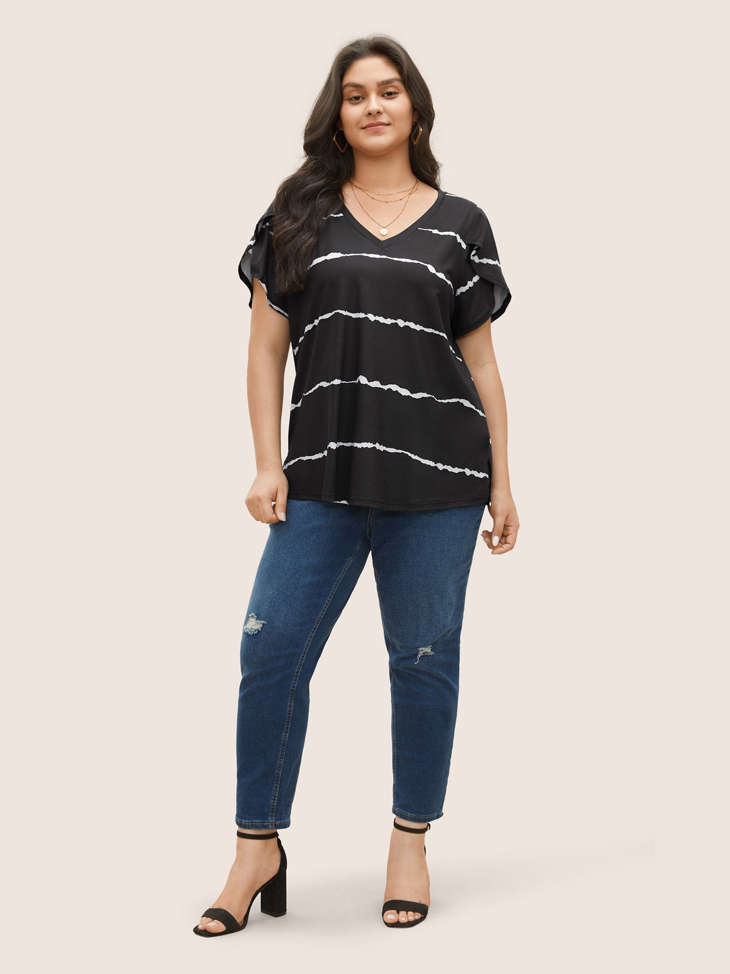 Striped Contrast Petal Sleeve T-shirt