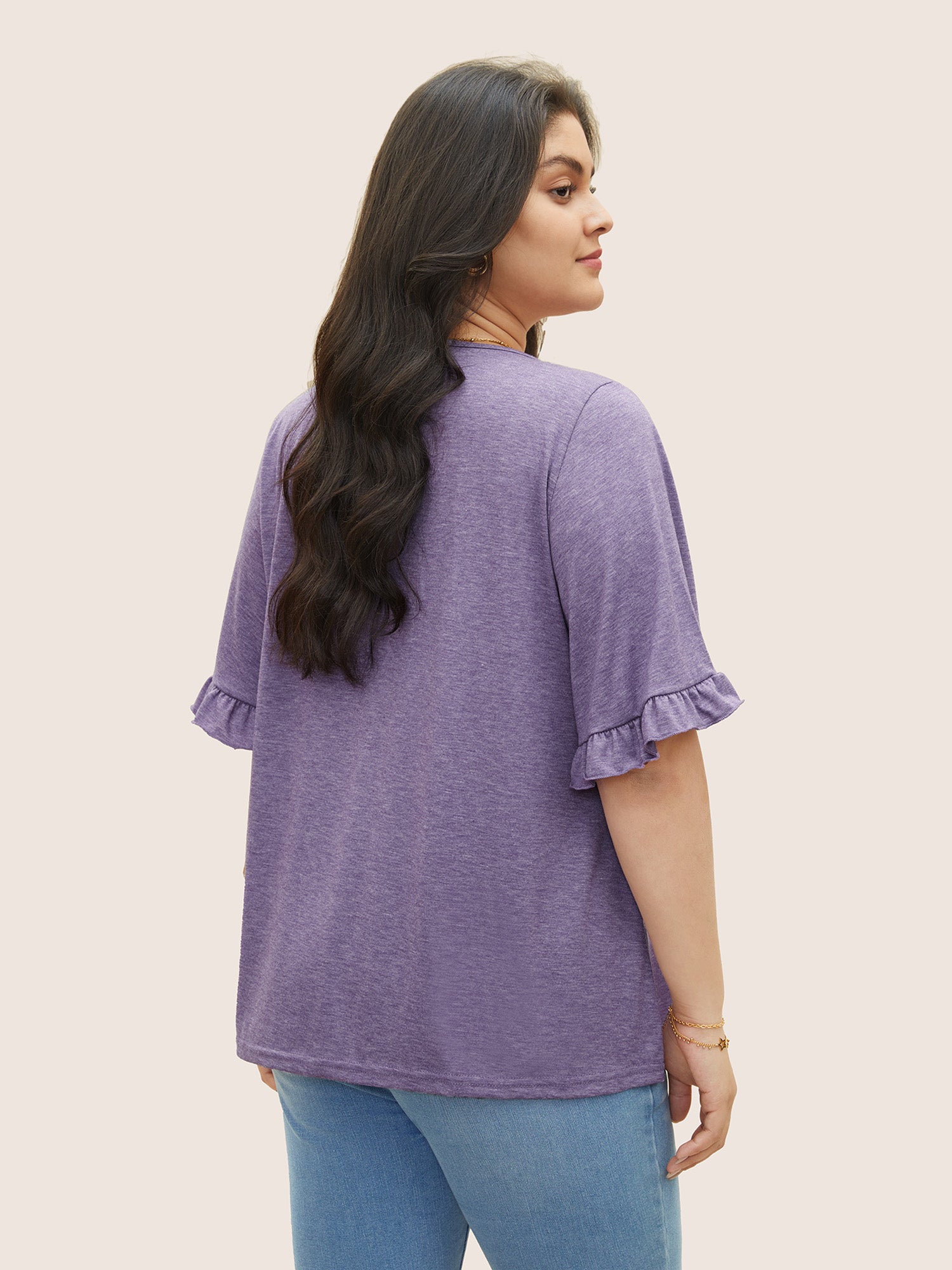 Solid Gathered Ruffle Trim Flounce Sleeve T-shirt