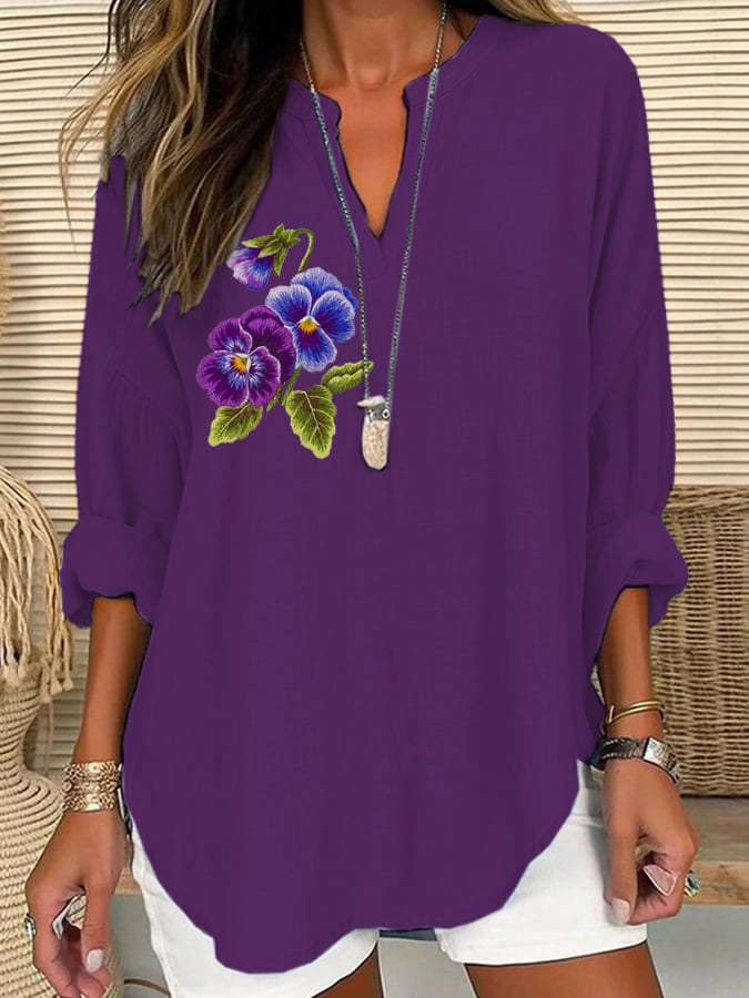 Women's Purple Floral Loose Long Sleeve Crew Neck Top