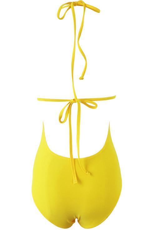 Yellow Halter Deep V Neck Crochet Center Piece Strappy Sexy One Piece Swimsuit