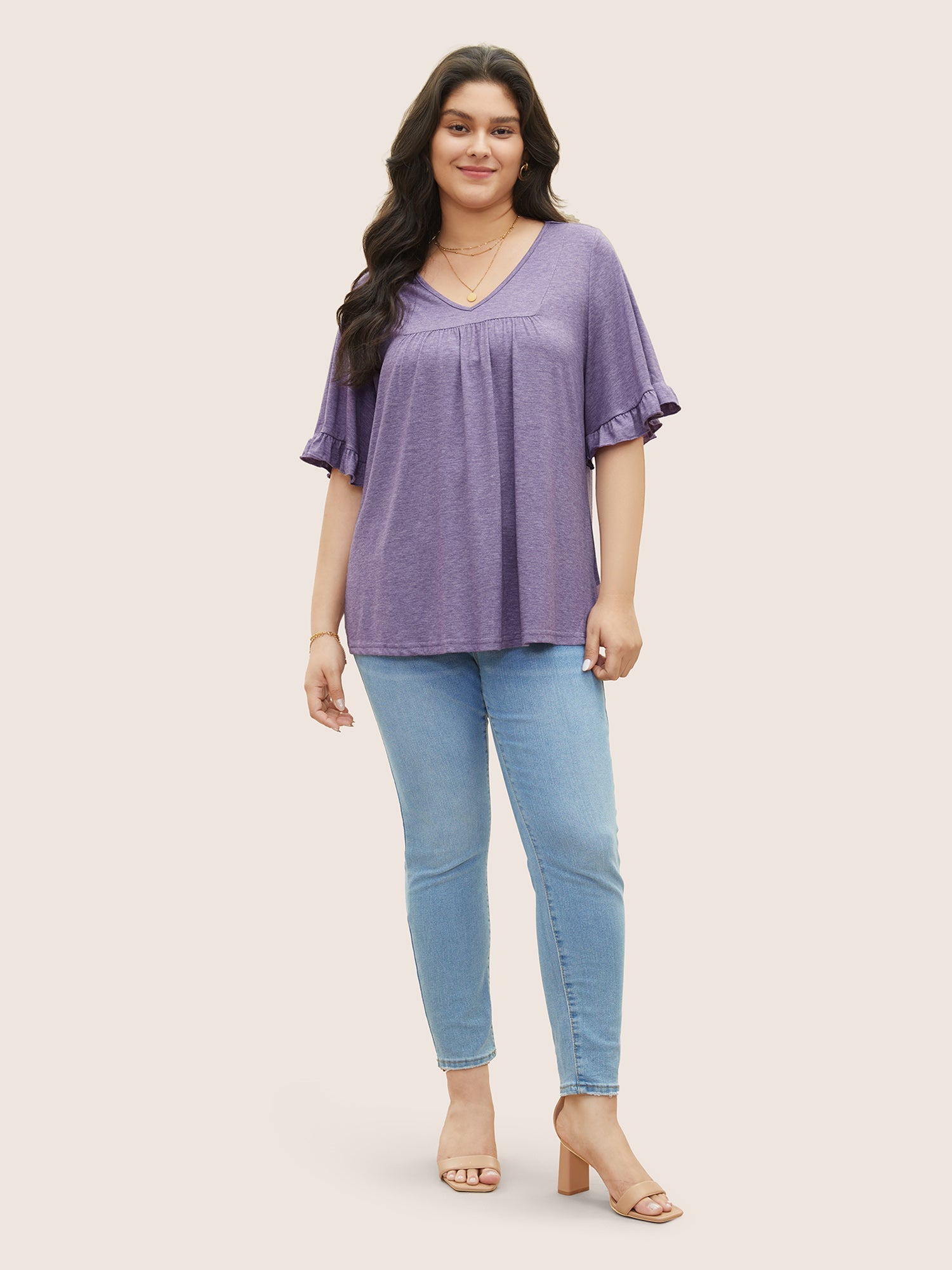 Solid Gathered Ruffle Trim Flounce Sleeve T-shirt