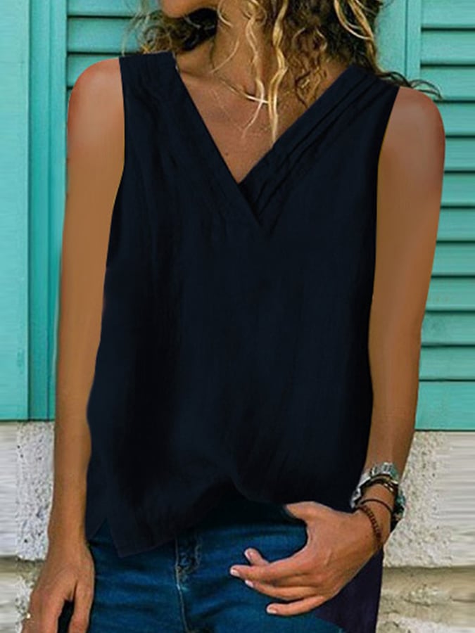 Women's V-Neck Hem Split Sleeveless Shirt