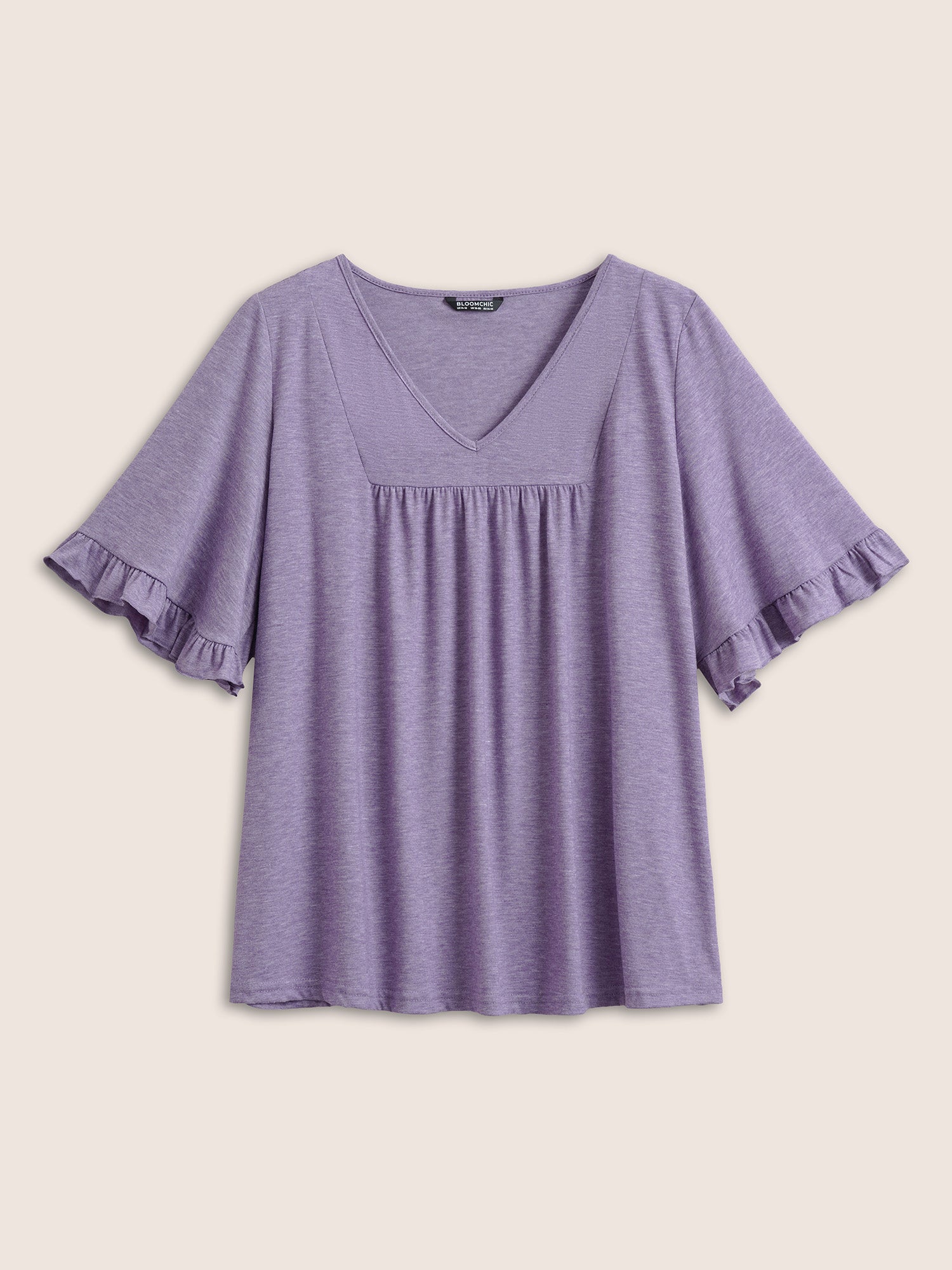 Solid Gathered Ruffle Trim Flounce Sleeve T-shirt