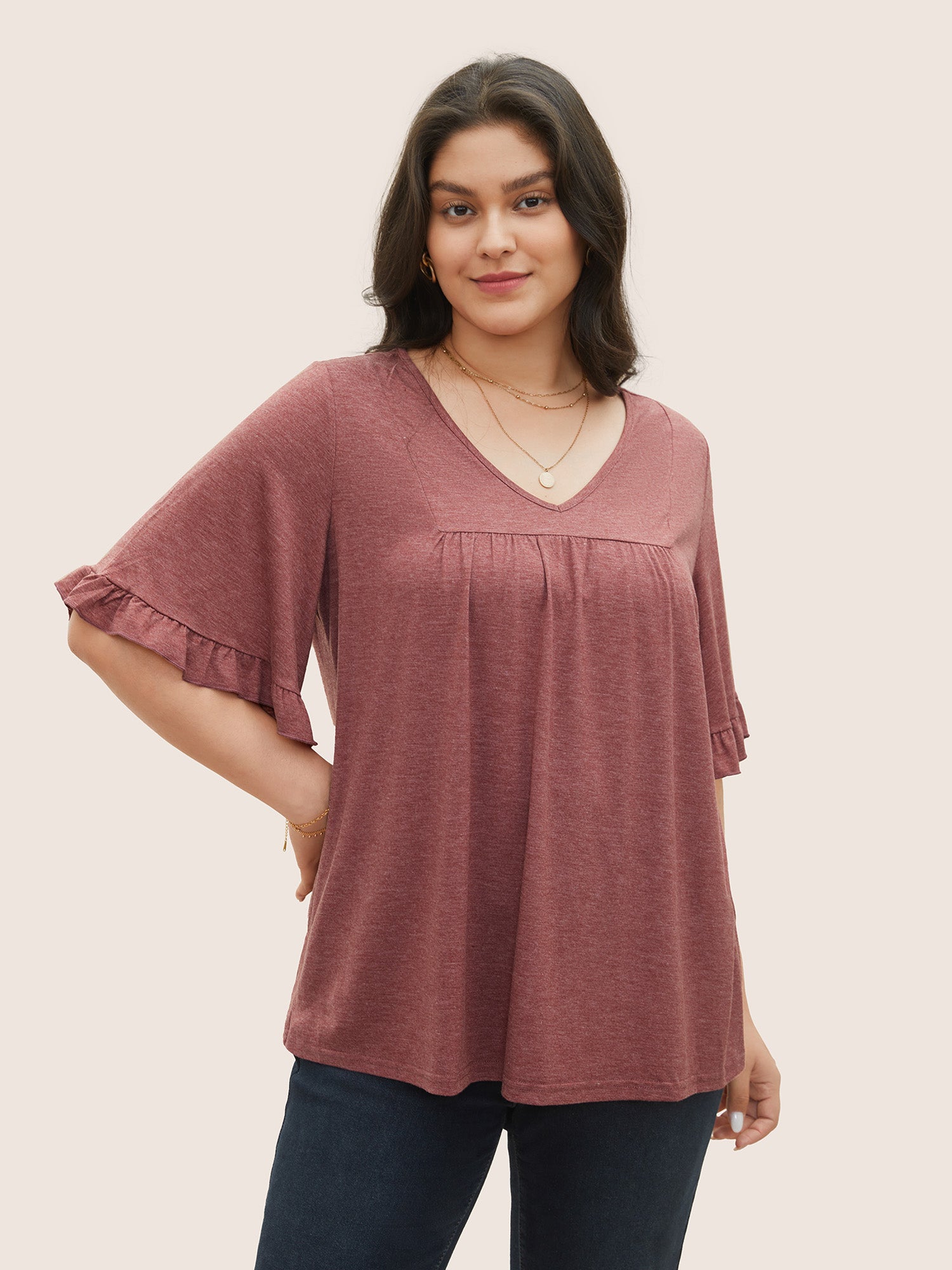 Solid Gathered Ruffle Trim Flounce Sleeve T-shirt