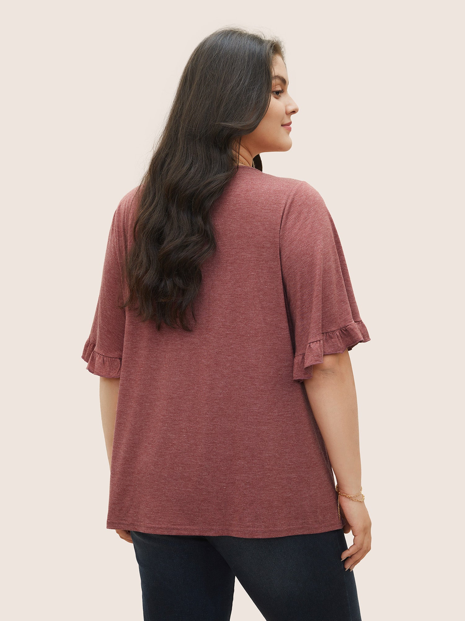 Solid Gathered Ruffle Trim Flounce Sleeve T-shirt